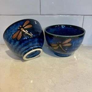 Blue Glazed Dragonfly Ceramic Cups or Dishes - Set of 2